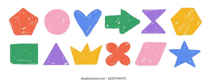 Hand drawn crayon shape set. Colorful bright charcoal doodle collection. Pastel pencil texture form pack for sticker, patch, badge, label. Vector childish sketch star, flower, hexagon, heart elements