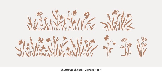 Hand drawn crayon sketch minimalist wildflower border. Watercolor boho meadow flowers landscape silhouette. Crayon garden flowerbed simple drawing. Floral doodle pattern. Dry herb botanical boarder