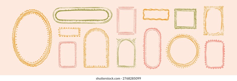 Hand drawn crayon sketch mosaic frames set. Summer postcard, Mediterranean beach, Italian wedding invitation, girly birthday greeting doodle pencil line border. Coastal, seaside vintage design element