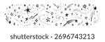 Hand drawn crayon sketch outer space stars background. Doodle pencil falling shooting stars, comets, meteors, bling, twinkle, glint, nebula, constellation  kid drawing. Cosmic textured doodle pattern
