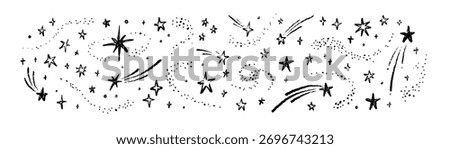 Hand drawn crayon sketch outer space stars background. Doodle pencil falling shooting stars, comets, meteors, bling, twinkle, glint, nebula, constellation  kid drawing. Cosmic textured doodle pattern