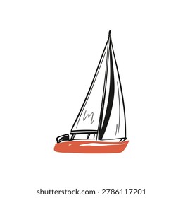 Hand drawn crayon sketch sail boat. Doodle sea yacht vector illustration. Sailboat in ocean. Yacht sport, regatta logo, symbol, design element. French, Italian, Greek, Turkish coastal marina drawing