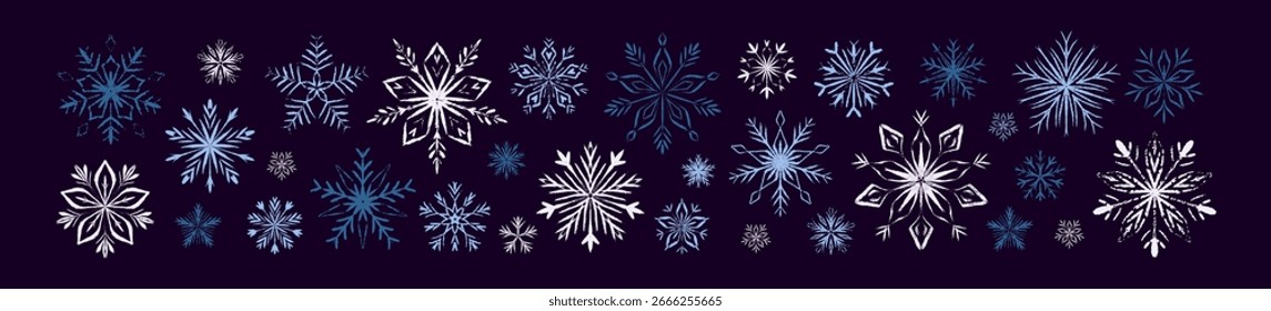 Fondo de invierno azul oscuro de copo de nieve de crayón dibujado a mano. Feliz año Nuevo y feliz diseño de copo de nieve de patrón pastel de fantasía de Navidades. Decoración festiva de la frontera del dibujo del cepillo de la pintura del día de fiesta de diciembre