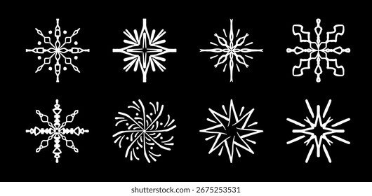 Colección de copos de nieve de crayón dibujado a mano sobre fondo negro. Conjunto de cristales de hielo de doodle de invierno decorativo para Navidades, año Nuevo, tarjeta festiva, cartel, Anuncio, Diseño web. Ilustración vectorial.