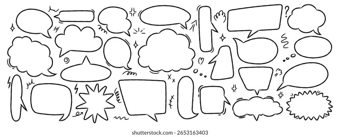 Handgezeichnete Buntstiftballons. Komische Textblasen mit skizzenhaftem Kreideumriss. Dialogfelder im Vektordoodle-Stil