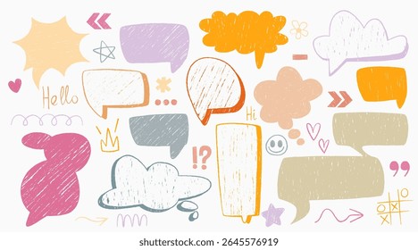 Hand drawn crayon speech bubble collection in colorful sketchy style. Various shapes of clouds and hearts, stars and text balloons with scribbled texture for playful messaging and children designs.