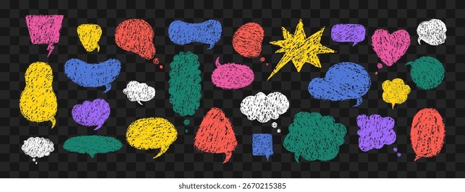 Handgezeichnete Buntstift-Sprechblase. Vektorsatz mit Kreide-Kritzeltexten. Farbige Retro-Doodle-Ballons für Comics oder Chatnachrichten. Y2K-Stil.