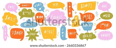 Hand drawn crayon speech bubbles with swearing and curse words. Aggressive doodle comic balloons with curses, angry expressions, and rude phrases in rough chalk style