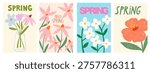 Hand drawn crayon spring cards with flowers. Chalk wildflowers, tulips, daisies. Vector spring set of the cutest cards, posters, floral art template for Womens Day, Mothers Day, birthday, Easter.
