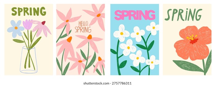 Hand drawn crayon spring cards with flowers. Chalk wildflowers, tulips, daisies. Vector spring set of the cutest cards, posters, floral art template for Womens Day, Mothers Day, birthday, Easter.