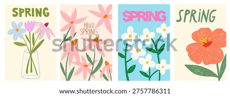 Hand drawn crayon spring cards with flowers. Chalk wildflowers, tulips, daisies. Vector spring set of the cutest cards, posters, floral art template for Womens Day, Mothers Day, birthday, Easter.