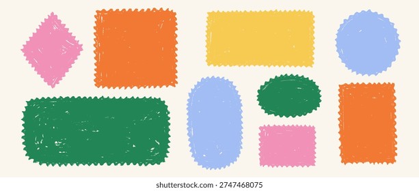 Hand drawn crayon stamps and boxes collection. Doodled rough edge borders and frames set. Colored playful sketched geometric shape pack for sticker, logo, collage, postcard, patch, label, icon. Vector