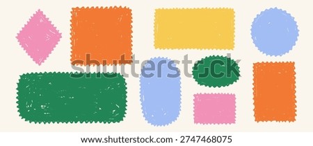 Hand drawn crayon stamps and boxes collection. Doodled rough edge borders and frames set. Colored playful sketched geometric shape pack for sticker, logo, collage, postcard, patch, label, icon. Vector