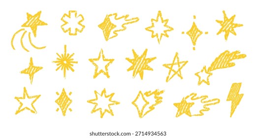 Hand drawn crayon star doodle set showing whimsical yellow star shapes with childlike charcoal textures. Playful sketch illustration inspired by kids drawings and creative imagination.