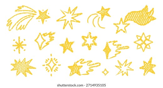 Hand drawn crayon star doodle set with bright yellow sparkling shapes. Childlike chalk and charcoal textures creating whimsical star figures in playful sketch style.