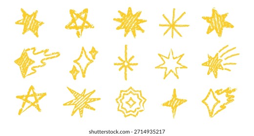 Hand drawn crayon star doodle set with sparkling yellow shapes. Childlike chalk charcoal textures whimsical star figures in playful sketch. style.