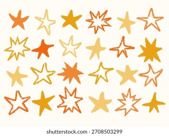 Conjunto de ícone de estrela de giz de cera desenhado à mão. Desenhar estrelas cômicas. Coleção de formas de estrela de esboço infantil. Elementos de estilo ingênuos. Desenhos a giz a lápis. Símbolo de brilho de arte infantil retrô