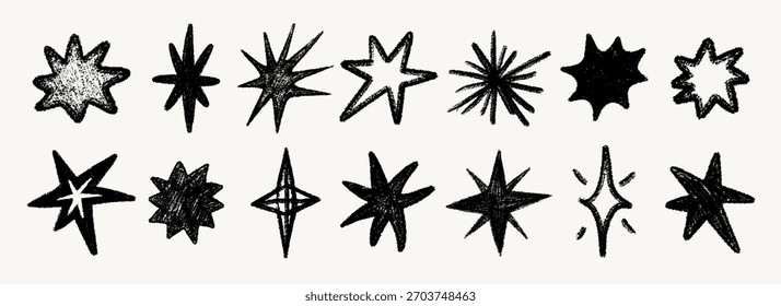 Hand drawn crayon star set with rough pencil texture. Sketch doodle stars in different shapes and abstract forms. Perfect for fabric, wallpaper, wrapping paper, kids designs, branding