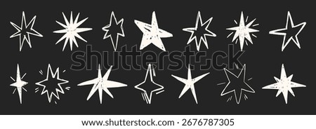 Hand drawn crayon stars set isolated on black background. Vector realistic illustration of white doodle sparks on chalk board, childish pattern design elements, grungy sketch art, stickers for school