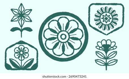 Conjunto de Vector de Elementos florales de Formas geométricas abstractas de estilo de crayón dibujado a mano