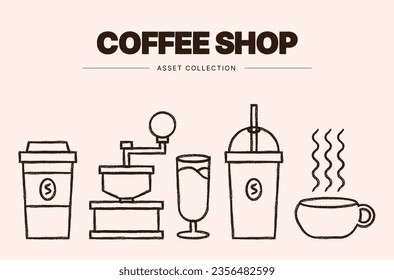 Hand drawn crayon style coffee shop logo collection, hand drawn crayon style coffee background, hand drawn coffee asset collection