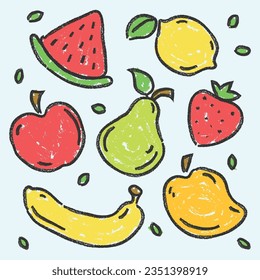 Hand drawn crayon style Fruit Illustration Collection. Crayon style fruit logo collection. Hand drawn crayon style fruit background