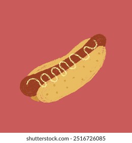 hand drawn crayon style hot dog illustration, whimsical hot dog fast food illustration