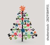 Hand drawn crayon style vector illustration of a colorful Christmas tree. Designed in a textured scribble doodle art style, featuring black zigzag branches filled with vibrant multi colored scribbles and topped with an orange star on a light neutral background. Great for children