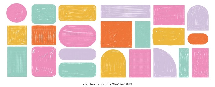 Hand drawn crayon text boxes set. Colorful grunge frames with uneven edges, childish doodle borders for kids design, scrapbook. Vector rough crayon shapes