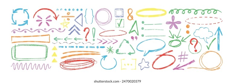 Hand drawn crayon texture arrows, speech bubbles, punctuation marks and pencil circles. Chalk doodle sketch set of underlines, dialogue boxes, checkmarks, frames, emphasis elements and charcoal lines.