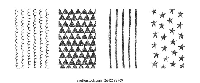 Hand drawn crayon textures vector pattern set. Childish freehand scribble and shapes background. Collection of design elements wavy lines, stars, stripes and triangles