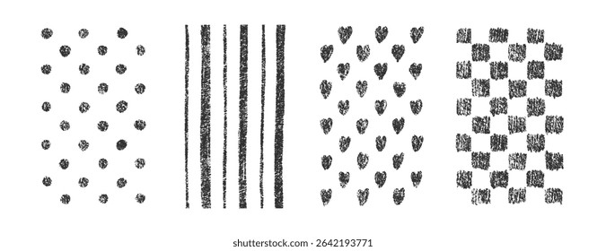 Hand drawn crayon textures vector pattern set. Childish freehand scribble and shapes background. Collection of design elements lines, dots, grid, hearts
