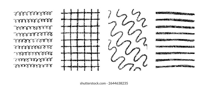 Conjunto de patrones de Vector de texturas de crayón dibujadas a mano. Garabato infantil a mano alzada y fondo de Formas. Colección de líneas de Elementos de diseño, ondas, rejilla y espirales