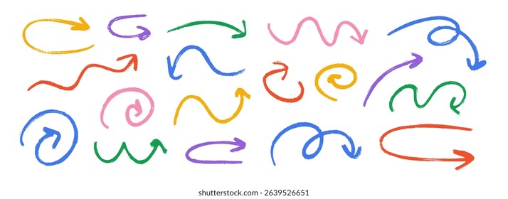 Hand drawn crayon wavy arrow collection. Colored curved, wiggle and squiggle doodled arrows set. Charcoal sketch pointer and direction lines. Vector pastel pencil, chalk or marker brush strokes