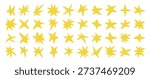 Hand drawn crayon yellow star set in doodle style. Playful chalk sketch stars with rough brush texture and organic shapes. Cute abstract star collection isolated on white background