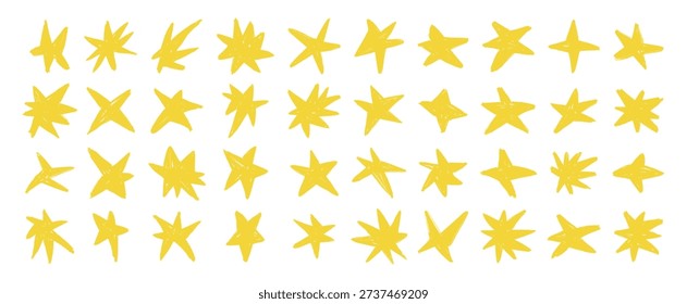 Hand drawn crayon yellow star set in doodle style. Playful chalk sketch stars with rough brush texture and organic shapes. Cute abstract star collection isolated on white background