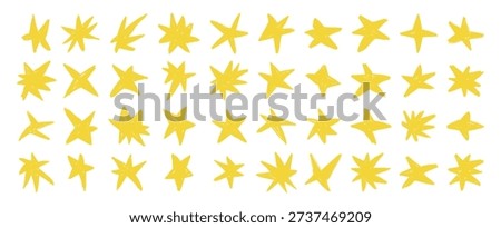 Hand drawn crayon yellow star set in doodle style. Playful chalk sketch stars with rough brush texture and organic shapes. Cute abstract star collection isolated on white background