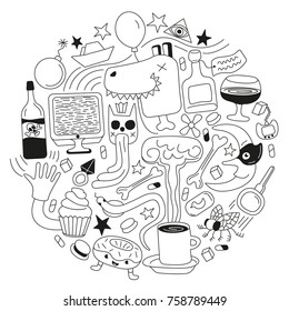 Hand drawn crazy doodle strange things. Design elements  solated on white.