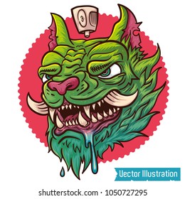 Hand drawn crazy graffiti cat with typography vector for t shirt printing and embroidery, Graphic tee and printed tee. Cool Chinese dragon demon cat. Isolated vector illustration on white background