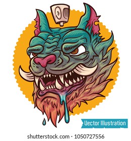 Hand drawn crazy graffiti cat with typography vector for t shirt printing and embroidery, Graphic tee and printed tee. Cool Chinese dragon demon cat. Isolated vector illustration on white background