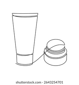 Hand drawn cream container vector. One line continuous drawing. Minimal fashion print, linear silhouette icon. Cosmetics skin care product, balm, lotion, abstract doodle illustration.
