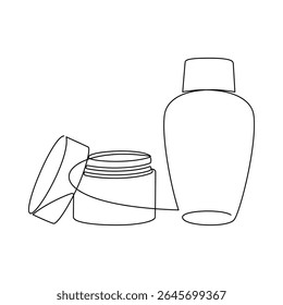 Hand drawn cream jar container vector. One line continuous drawing. Minimal fashion print, linear silhouette icon. Cosmetics skin care product, balm, lotion, abstract doodle illustration.