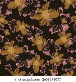 Dibujado a mano creativo, abstracto patrón floral transparente en base oscura. Idea de telón de fondo de flores para textiles, decoración casera, Anuncio, papel, sábanas, cortinas, alfombras y alfombras, Plantilla, papel de pared, papel de regalo.