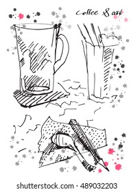 Hand Drawn creative background with the glass cup, napkin, spoon and pencil. Art, Cafe, creativity, art classes, hobby, craft concept. Vector sketch