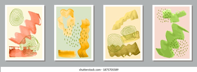 Hand drawn creative banners vector collection. Watercolor stains shapes. Japanese style design. Youth house decor layouts. Brush stroke elements.