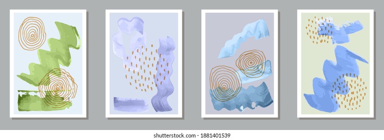 Hand drawn creative banners vector set. Watercolor blots patterns. 20s style design. Cool wall poster templates. Brush stroke elements.