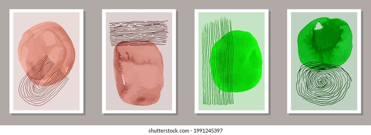 Hand drawn creative banners vector set. Watercolor spots shapes. 60s style frames. Stylish office poster layouts. Doodle elements.