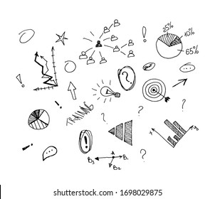 Hand drawn creative business sketch on white background. Infographic idea of making creative products. Steps decision problem, solving process, generator ideas, succeed.