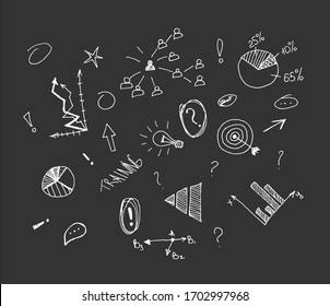 Hand drawn creative business sketch on black background. Infographic idea of making creative products. Steps decision problem, solving process, generator ideas, succeed.