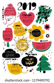 Hand drawn creative calendar 2019 with funny colorful illustrations. Week starts on Sunday.